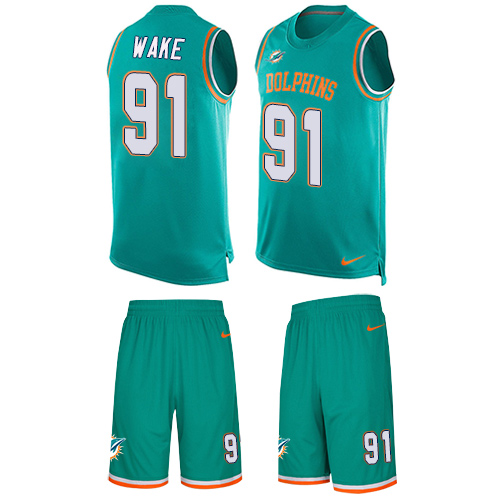 Men's Limited Cameron Wake Nike Jersey Aqua Green - #91 Tank Top Suit NFL Miami Dolphins